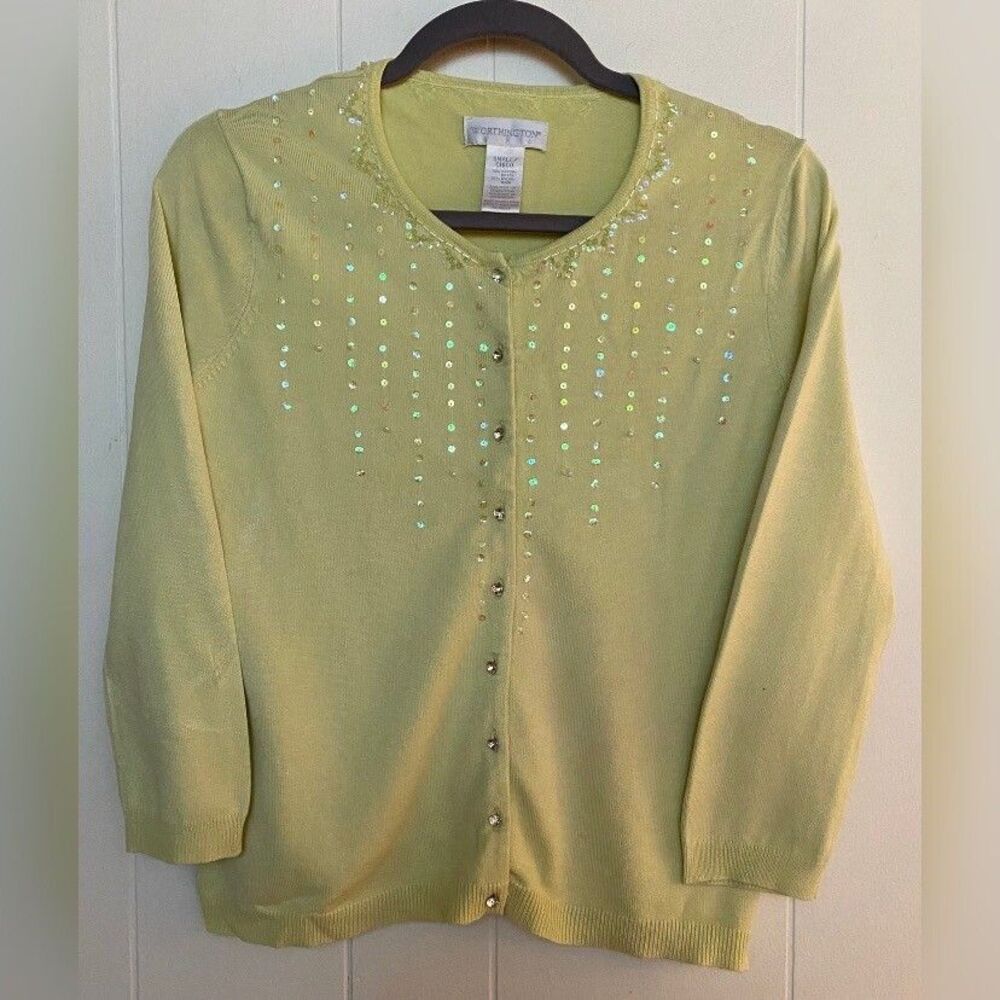 Worthington Sweater Women’s Small Yellow Cardigan Sequins Crystal Buttons